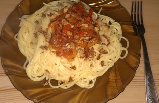 Спагетти в томатном соусе и с сухариками (пошаговый фото рецепт)