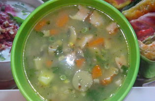 Весенний гречнево-грибной суп с кукурузой, зеленым горошком и беконом (пошаговый фото рецепт)