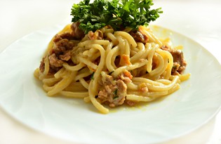 Спагетти с фаршем под молочно-соевым соусом (пошаговый фото рецепт)