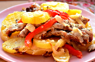 Картофель, запеченный со свининой и болгарским перцем (пошаговый фото рецепт)