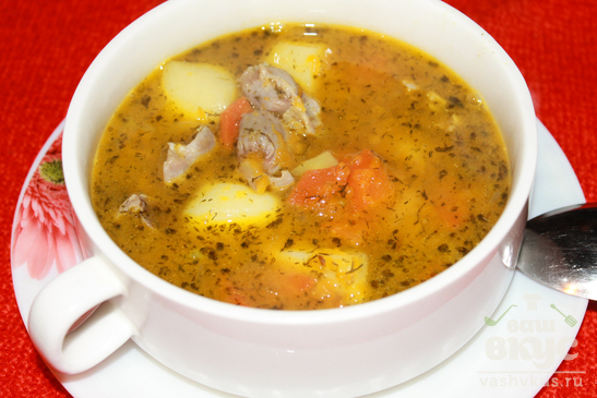 Тыквенный суп с куриными желудочками
